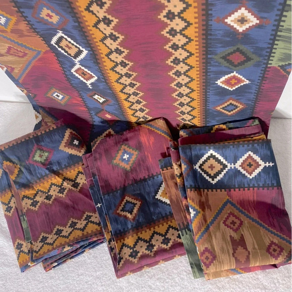 Vintage Burgundy Blue Yellow Southwestern Print Curtains x4 Panels - Picture 10 of 11